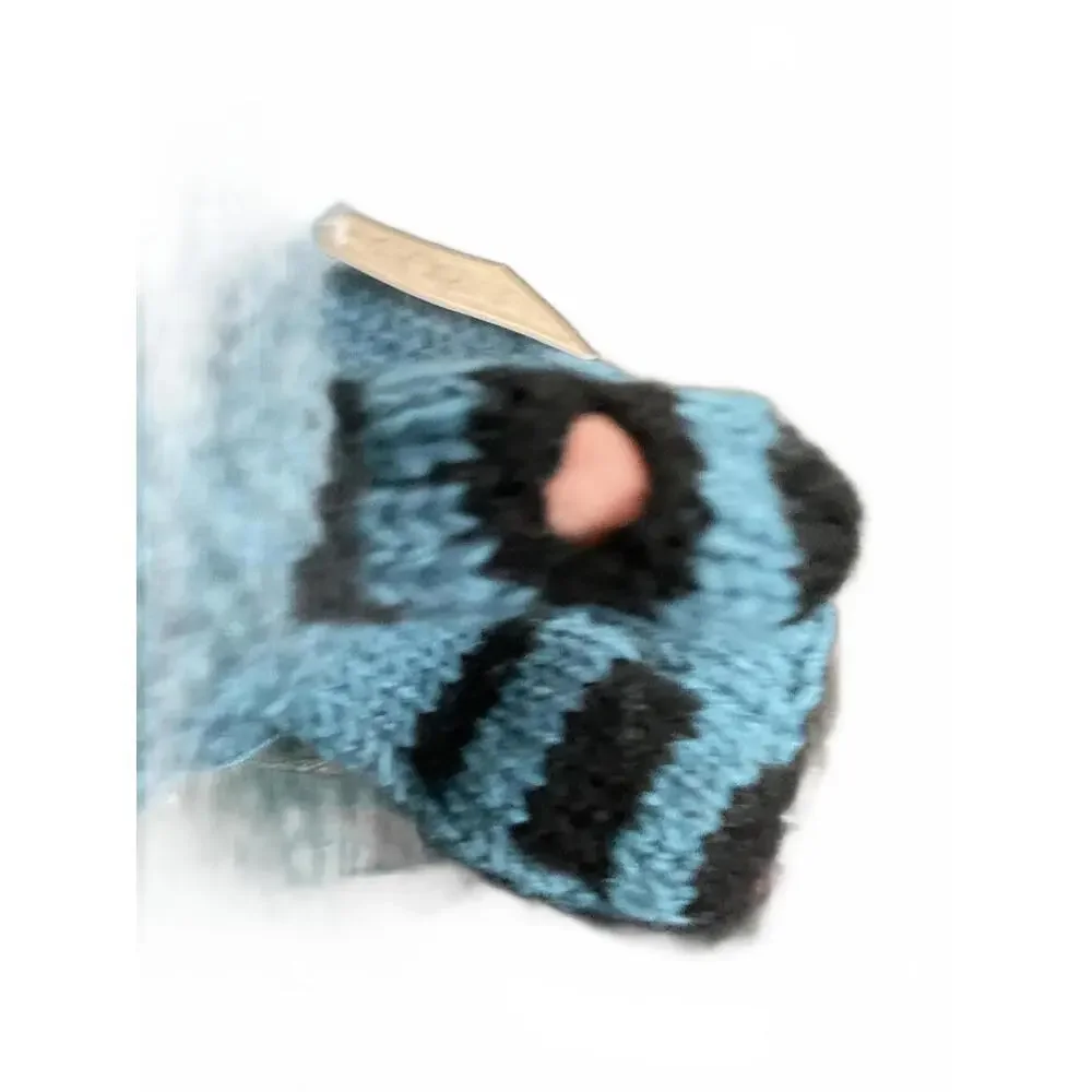 Fair Trade Handmade Blue Wool Convertible Mittens with Raccoon Design OS Adult